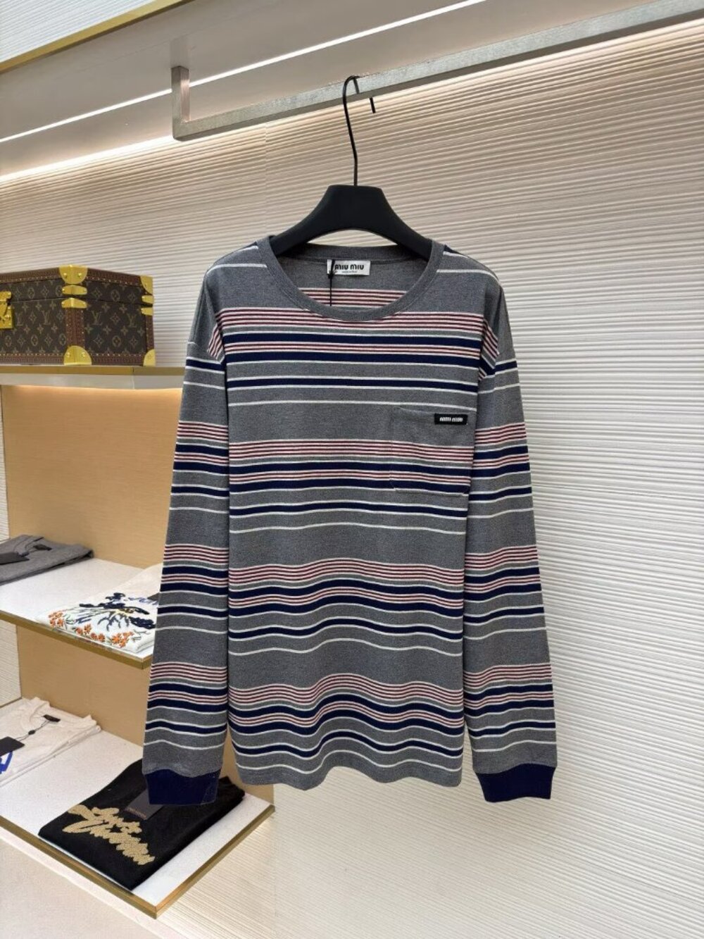 Miu Miu Striped Long Sleeve Crewneck in Gray, Navy & Red